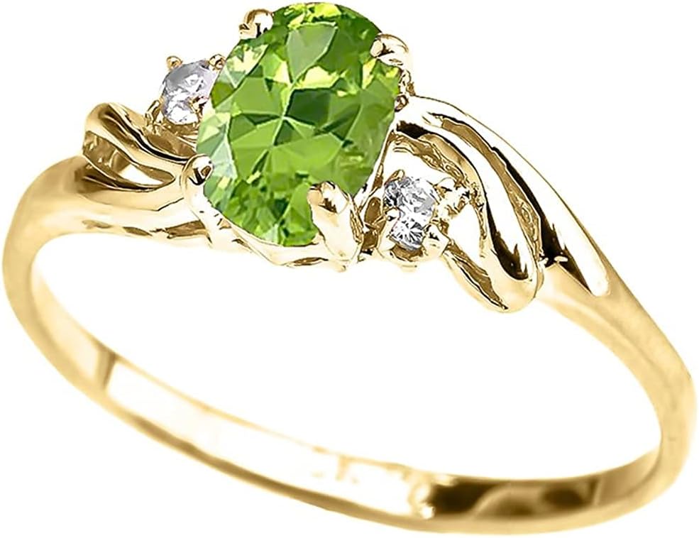 10k Yellow Gold Oval Shaped Lime Green Cubic Zirconia with Round White Topaz 3-Stone Swirl Ring