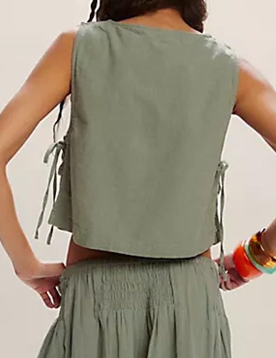 Cotton Linen Crop Top for Women Summer Tank Tops Sleeveless Split Tie Side Boxy Cropped Casual Loose Going Out Vest - Image 4