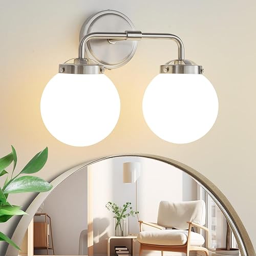 Bathroom Light Fixtures Over Mirror, Brushed Nickel Modern Vanity Lighting with Milk White Glass Globe Shades 2-Light Farmhouse Wall Sconce