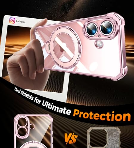 Image of Soft Case for iPhone 16 with 360 Rotating Magnetic Stand, Compatible with Mag-Safe, 4X MIL-Drop Protection, Lightweight Glossy Anti-Yellowing Clear Back Phone Cover for iPhone 16, Pink