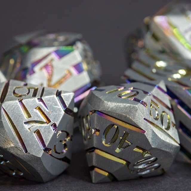 Sage's Portal Dimension Stones Metal DND Dice 7 Piece Polyhedral Dice Set for DND TTRPG Dungeons and Dragons Pathfinder Oversized Designer Dice (Matte Silver/Holographic)