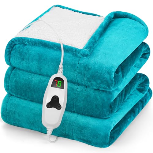 greenoak Heated Blanket Electric Throw 50"X60", Heating Blanket with 10 Heat Levels 1/2/4/6/11 Hours Auto-Off Overheat Protection, Flannel Sherpa Soft Warm Heater Blanket, ETL Certified Lake Blue