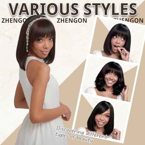 Image of Farblick Burgundy Bob Wig Human Hair With Bangs Wear and Go Glueless Wig Human Hair 12inch Straight Wig 180% Density Black with Red Wig With Bangs for Women