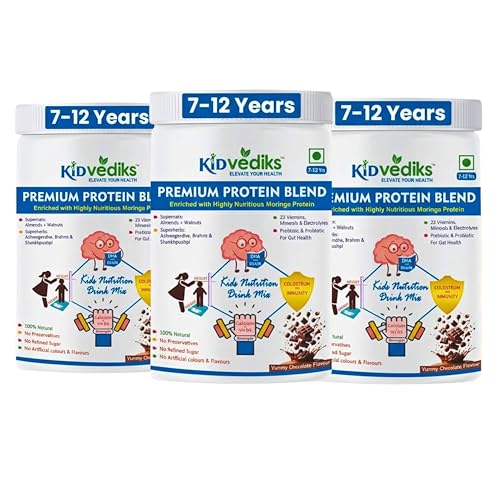 Image of KidVediks Kids Nutrition Drink Mix | Ages 7-12 | Pack of 3 ( 350gm Each) - 8g Protein /Serving | 5 Premium Protein Sources | 23 Vitamins & Minerals | No Refined Sugar, Artificial Flavours or Preservatives| Yummy Chocolate Flavour | Supports Healthy Growth & Immunity