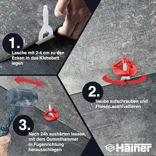 Hainer® Fliesen Nivelliersystem – 300-tlg Fliesenverlegehilfe Starterset/Nachfüllpack, perfekte Fliesen Abstandshalter für saubere Ergebnisse (Set 100 Hauben + 200 Laschen, 3mm)