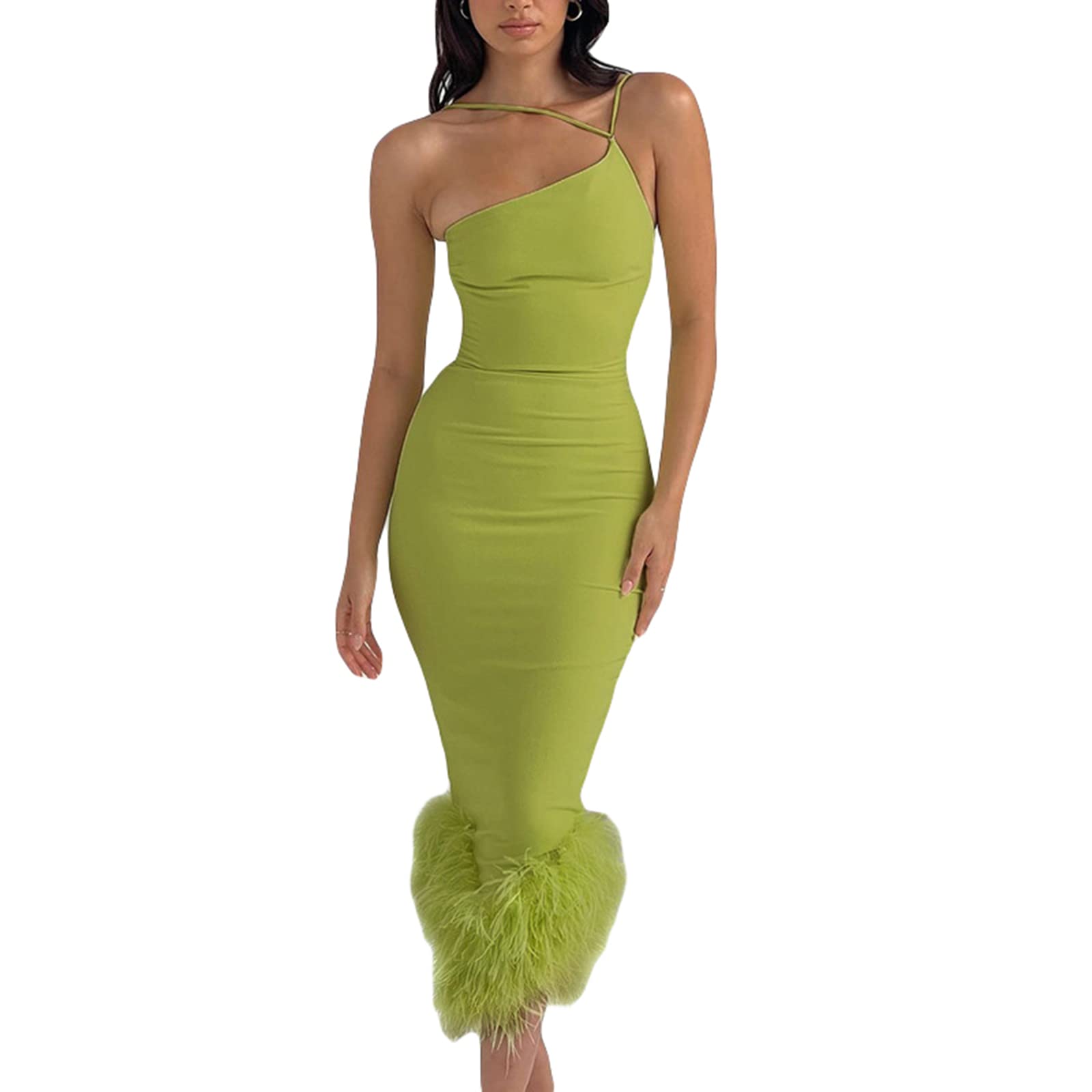 Women Spaghetti Strap Feather Dress Bodycon Midi Dresses Furry Slim Fit Evening Club Party Dress (One Shoulder Green, S)