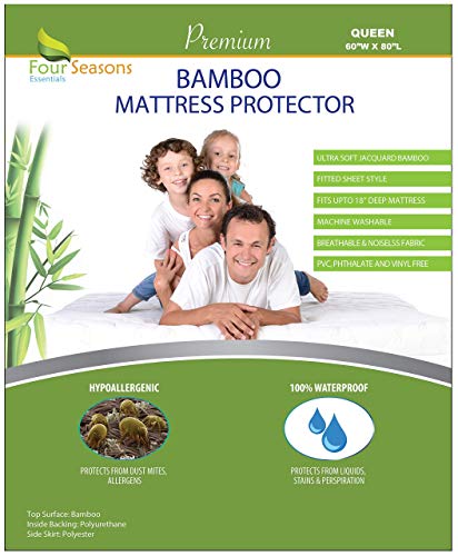 Four Seasons Essentials Bundle - 2 Items: Standard Waterproof Pillow Protectors (2Pc) + Queen Size Bamboo Mattress Protector #TOP2