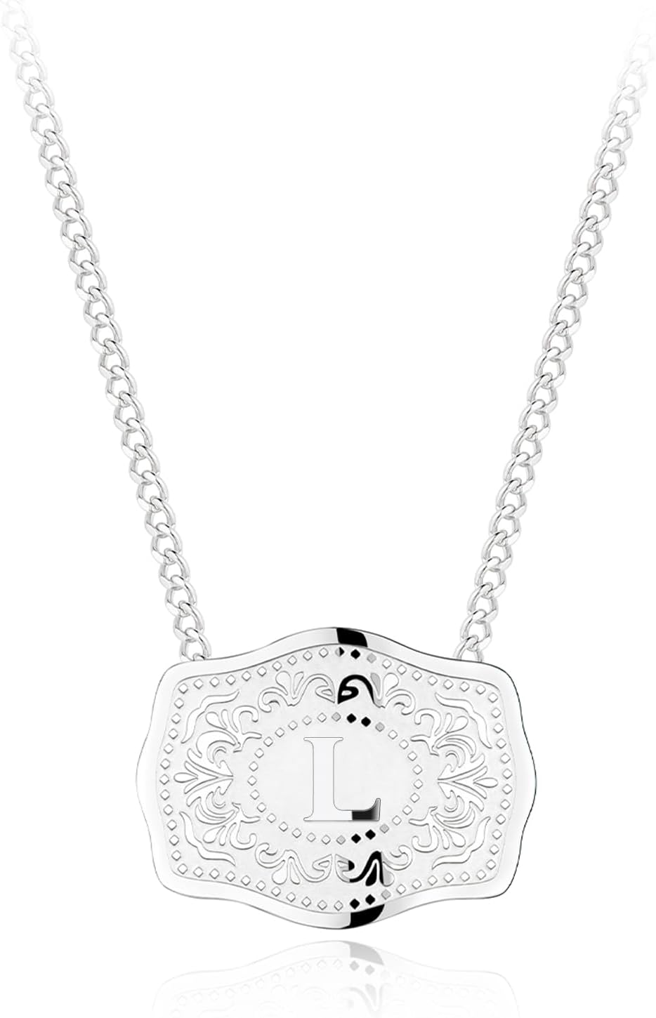 Holylegend Rhodium-Plated Initial Letter Pendant Necklace with Embossed Belt Buckle, Western Cowgirl Initial Necklace for Women, Buy 1 Get 2 Chains, Personalized Jewelry Gift for Women and Men