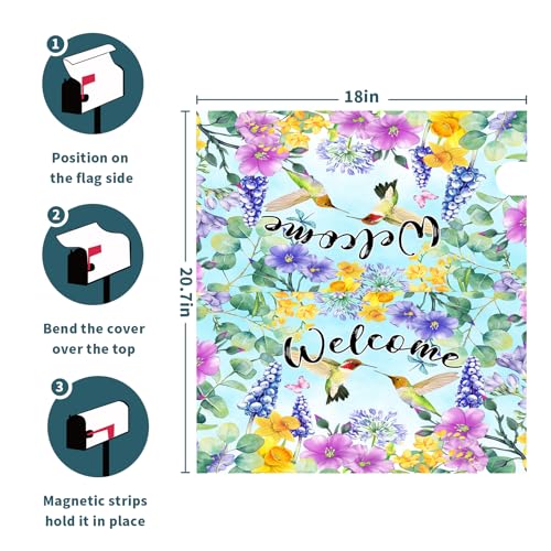 Image of Spring Summer Flowers Magnetic Mailbox Covers Standard 18x21 Inch Spring Welcome Birds Mailbox Cover Hummingbird Mailbox Wraps Post Letter Box Cover Decoration for Outdoor Outside Home Garden Yard