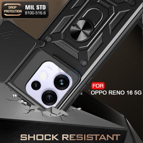Image of AESTMO Tough Armor Oppo Reno 16 5G Bumper Back Case Cover | Ring Holder & Sliding Camera Shield Cover | 360 Degree Protection Back Case Cover for Oppo Reno 16 5G (Black)