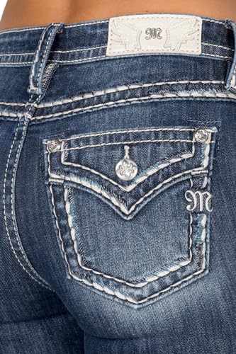 Miss Me Women's Mid-Rise Bootcut Jeans, Blue and White Stitch Border with Faux Flap Pockets, Bootcut Stretch Denim Jeans4