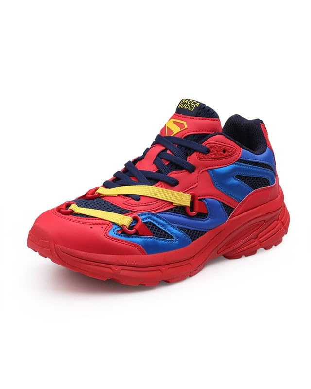 Image of Bacca Bucci Men's Superman Inspired Chunky Sneakers | Casual Sports Shoes with Mesh Panels, Bold Red Blue Yellow Colorway, Statement Streetwear Lace-Up Shoes