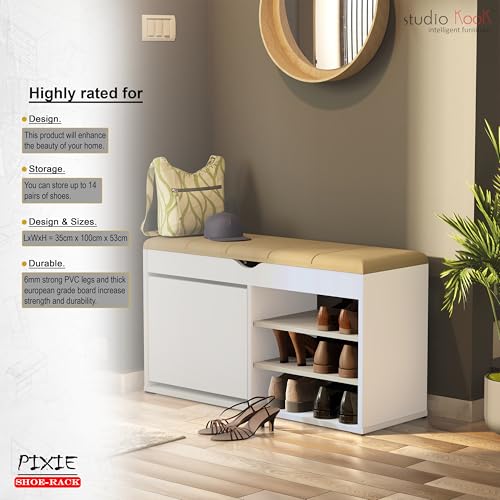 Image of Studio Kook Pixie Shoe Cabinet, Engineered Wood, 14 Pairs Capacity, Cushioned Top, Matte Finish (Moonshine White)