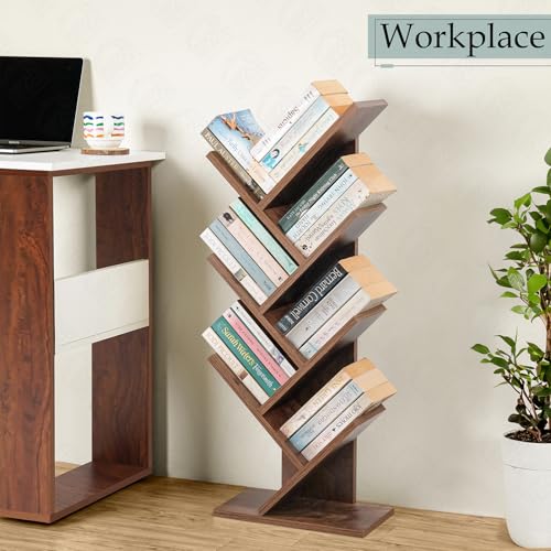 Image of ABOUT SPACE Book Shelf for Home - 7 Tier Tree Shaped Book Rack for Study Room DIY Wooden Book Stand with Bottom Storage Space for Office, Livingroom, Bedroom (Brown - L 35 x B 17 x H 90 cm)
