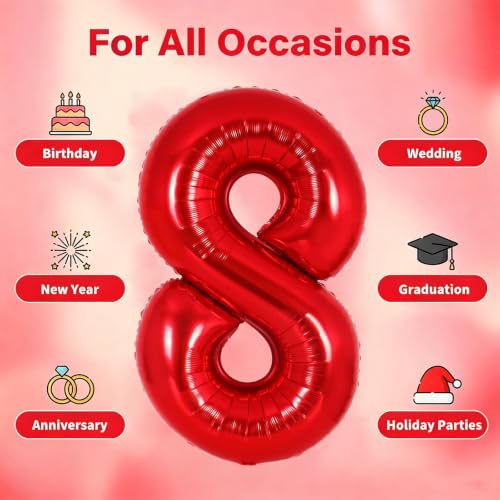 Image of Number Balloons Red Party Balloon - 40 Inch Large Number 8 Balloon, Numbers Balloon Birthday Decorations, Red Party Supplies for Anniversary