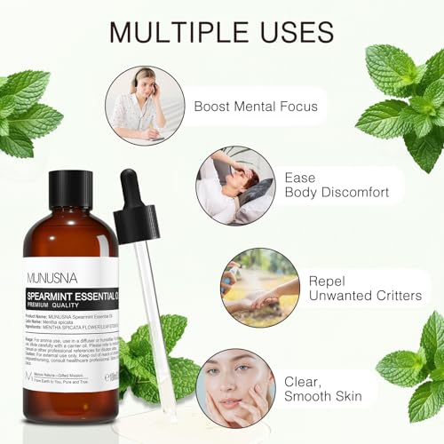 Image of Spearmint Essential Oil, Aromatherapy Oil for Skin Hair Body Care | Pure and Natural, Spearmint Oils for diffuser, Home, Massage, DIY Soap and Candle Making, 100ML / 3.38 fl oz