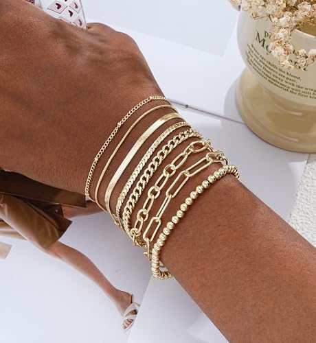 Gold Bracelets for Women, 14K Gold Plated Dainty Bracelets Set, Layered Chain Bracelets Pack Jewelry (Style1-gold) - Thumbnail 6