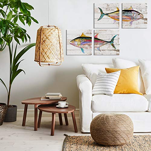 Fish Wall Art Nautical Decor Farmhouse Beach House Bathroom Decor Coastal Fish Pictures Vintage Ocean Decor Colorful Tuna Fish Canvas Poster For Bedroom Living Room Kitchen Home Decoration 12X12" 4 Piece #TOP5