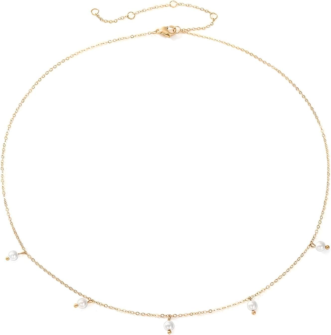 18k Yellow Gold Choker Imitated Pearl Drop Necklace For Women, 925 sterling Silver Tiny Pearl Necklace - Dainty Floating Pearl Necklace, Pearl Station Necklace image 5