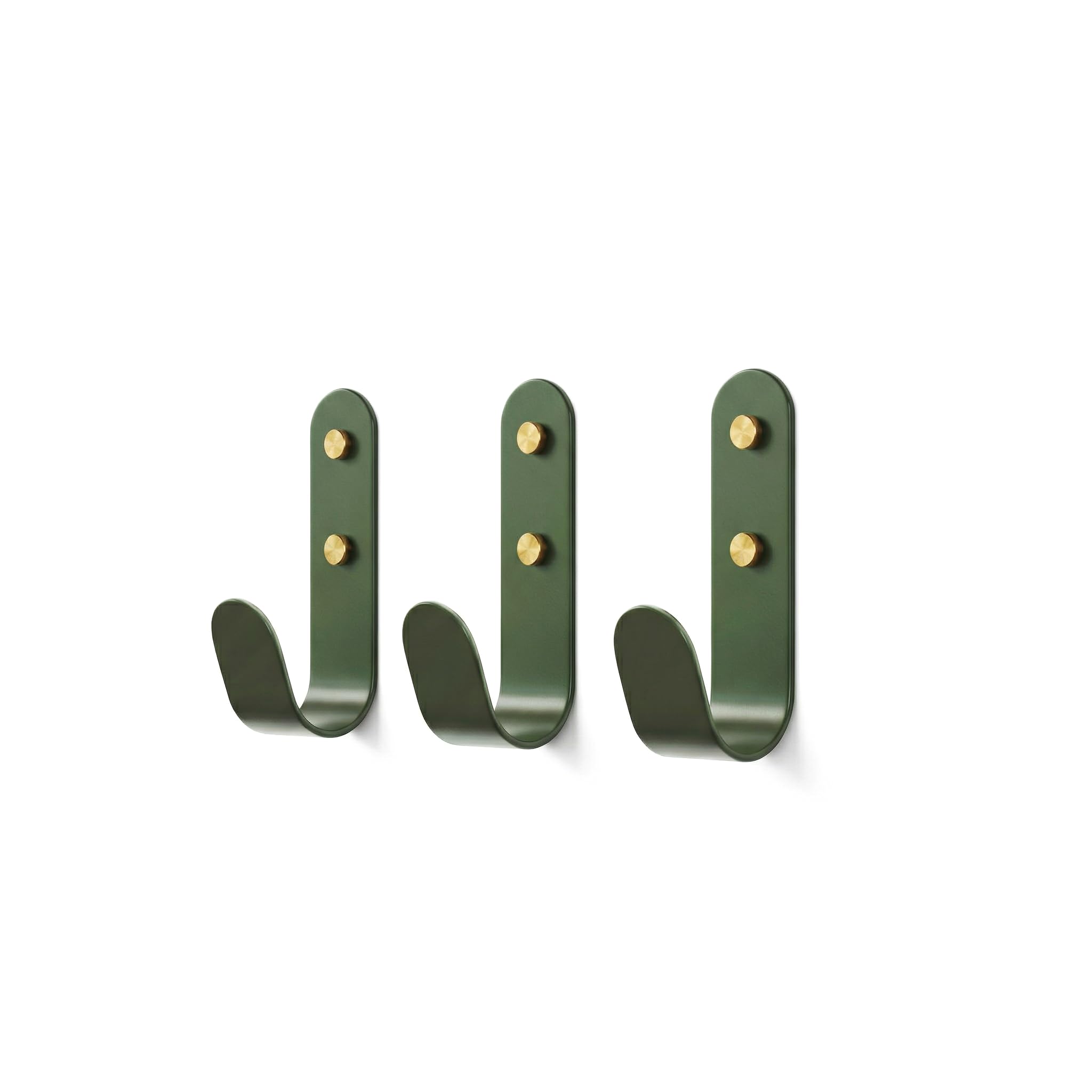 The Hairpin Leg Co. [HLC Metal J Wall Hook. Chunky Modern Playful Coat Hook - [Forest Green/Brass, 3 Pack]