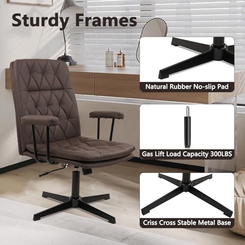Image of CLATINA Office Chair No Wheels, Leather Criss Cross Desk Chairs with Arms, Modern Cross Legged Computer Chair, Mid Back Height Adjustable Swivel Task Vanity Chair for Home Office, Brown