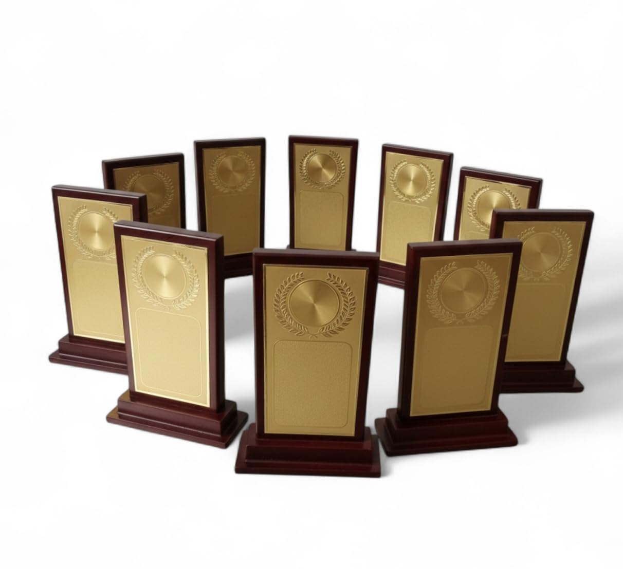 Wooden Trophy Award Set with Gold Plaque and Laurel Wreath Design, 8 Inch, Mahogany Finish Base, 10 Pieces-image-28