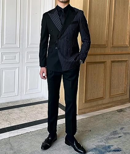 HZUOU Men's 2 Piece Striped Suits Slim Fit 2023 Autumn Double Breasted Blazer Jacket Pants Set for Wedding Prom Party UOU354