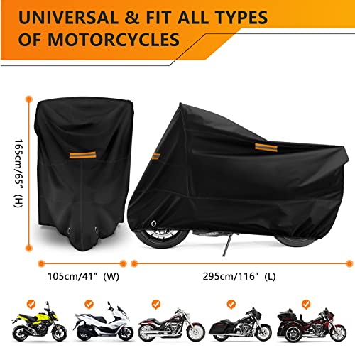 Romgtnn Universal Motorcycle Cover Waterproof Outdoor Storage All Weather Rain Snow Sun Winter All Season Durable With Lockholes Black Oxford 116" Extra Large Harley Davidson Heavy Duty Touring Cover #TOP1