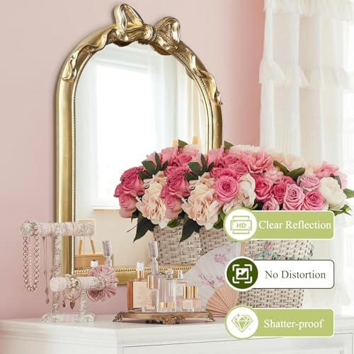 Image of 36x24 Arched Gold Bow Wall Mirror, Vintage Vanity Mirror for Bathroom & Bedroom Decor, Antique French Style Engineered Wood Frame with Ribbon Knot, Cute Coquette Aesthetic