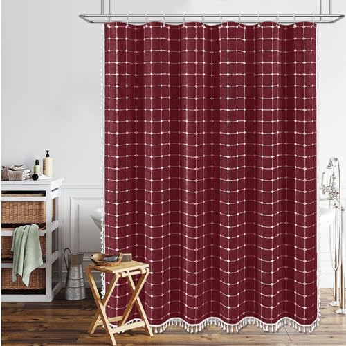 Image of BTTN Boho Farmhouse Shower Curtain, Linen Rustic Heavy Duty Fabric Shower Curtain Set with Tassel, Water Repellent, Bohemian Vintage Country Thick Cloth Shower Curtains for Bathroom - Burgundy - 72x72