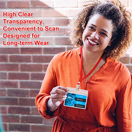 Image of Marspark 100 Sets Clear Name Tags with Lanyard, Lanyards for ID Badges Reusable Strap with ID Holder Plastic Name Badges for Adults Business School Church Conference (Red)