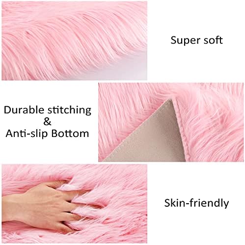 HAOCOO Faux Fur Small Rug 60 x 90 cm, Super-Soft Machine Washable Fluffy Shaggy Girls Rugs, Luxury Pink Sheepskin Rug Chair Cover Seat Pad Carpet, Kids Rooms Decor Floor Mat