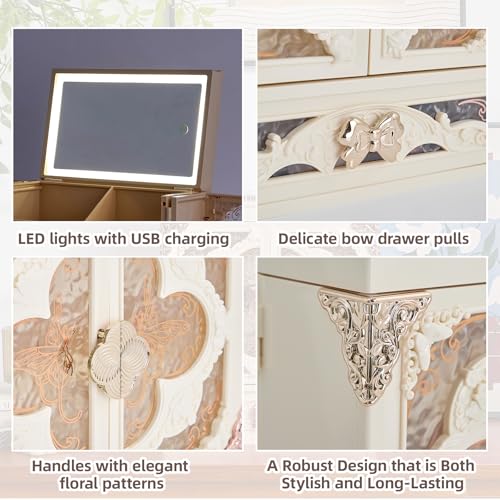 Generic Vintage LED Makeup Organizer with Mirror, Large Cosmetic Storage Box with Drawers & Side Compartments, Dustproof Skincare Organizer for Vanity, Elegant (White)