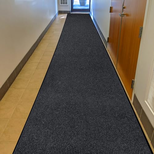 Image of Durable Rubber Door Mat - Heavy Duty, Indoor /Outdoor, Easy Clean, Waterproof, Low-Profile Mat for Entry, Patio, Garage - Stylish (Charcoal, 16' x 3' (Mud Trapper))