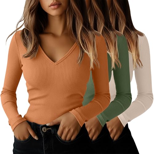 Ficerd 3 Pack Women's Long Sleeve T Shirts Cotton V