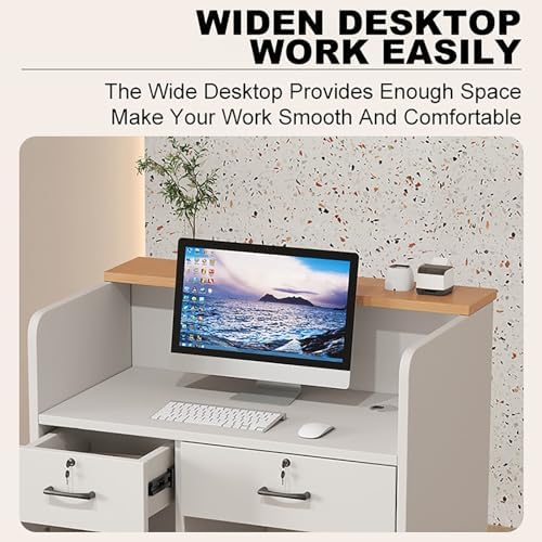 Reception Desk for Spaces with Lockable Drawer, Compact Office Counter Desk Counter Modern Front Lockable Drawers Retail Counter,Modern Reception Desk with Lockable Drawers for Retail Checko