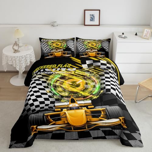 Image of Feelyou Kids Racing Car Comforter Set Toddler Size, Yellow Ombre Bedding Set Boys Girls Extreme Sports Duvet Insert Teens Bedroom Decor Bed Set 2Pcs