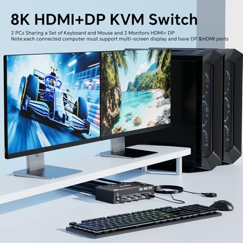 Image of 8K@60Hz HDMI Displayport KVM Switch 2 Monitors 2 Computers,USB 3.0 KVM Switch Dual Monitor for 2 Computer Share 2 Monitor and 4 USB Ports,with Wired Remote,12V Power Adapter and USB Cables