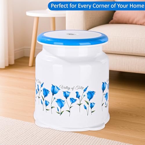 Image of Kuber Industries Strong Plastic Tulip Design Round Seating Stool for Home | Anti-Slip Stool for Adult & Senior Citizen-Friendly Design | White & Blue