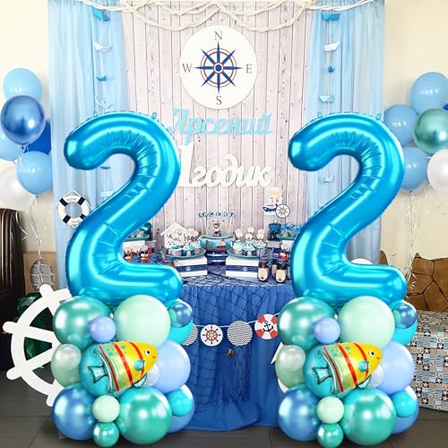 Image of Blue Number 2 Balloon 40 Inch Ocean Under the Sea Number Two Foil Balloons Tower with Shark Bubble Fish for Boys Second 2nd Birthday Party Decor Green Underwater Digital Aluminum Balloons Stack