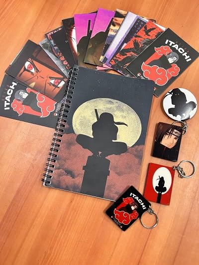 CRAFT MANIACS ITACHI UCHIHA NINJA ON POLE PRO GIFTING COMBO : DIARY, SET OF 16 LOMO CARDS, ONE BADGE & 3 WOODEN KEYCHAINS | BEST GIFT FOR ANIME FANS