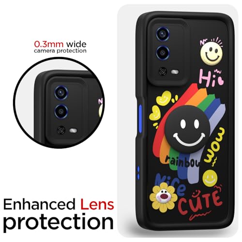 Image of Pikkme Back Cover for Oppo A55 | Soft Silicone| Cute Rainbow Smile & 3D Cartoon Flower Design | Shockproof Raised Camera Protection Bumper Case (Black)