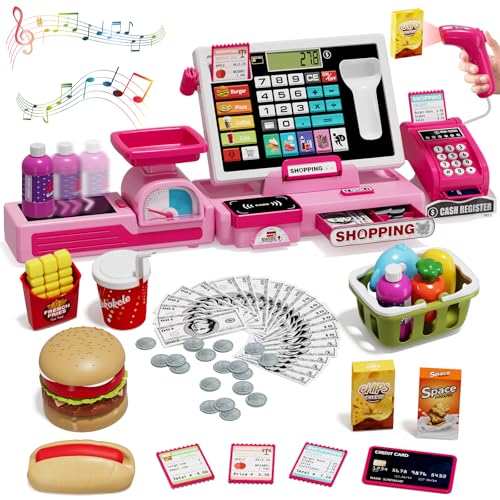 Wee Wonders 63PCS Cash Register for Kids, Kids Cash Register with Real Calculator, Pretend Play Store with Music/Motorized Conveyor/Play Money/Food Toys, Learning Toys for Boys Girls 3+, Pink
