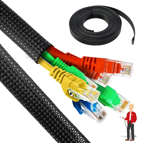 XFasten Cord Protector 1/2 Inch 25ft - PET Expandable Braided Cable Sleeve - Pet Chew Proof Wire Loom for Audio, Video, PC, TV, Automotive Wire Management, Puppy, Cat Proof Black Cable Wrap for Cords