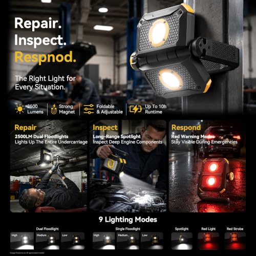 Image of HOKOILN Magnetic Work Light Rechargeable, 2500LM LED Work Light with 9 Modes, Strong Magnet, Foldable Hands-Free Design for Car Repair, Garage, Power Outage & Emergency