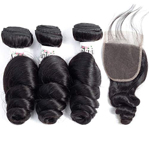 Anknia Brazilian Virgin Hair Loose Wave 3 Bundles With 4x4 Top Lace Closure Pre Plucked Bleached Knots With Baby Hair Weave Wefts Mink Remy Wet And Wavy Human Hair Extensions 10 12 14 + 10 Free Part