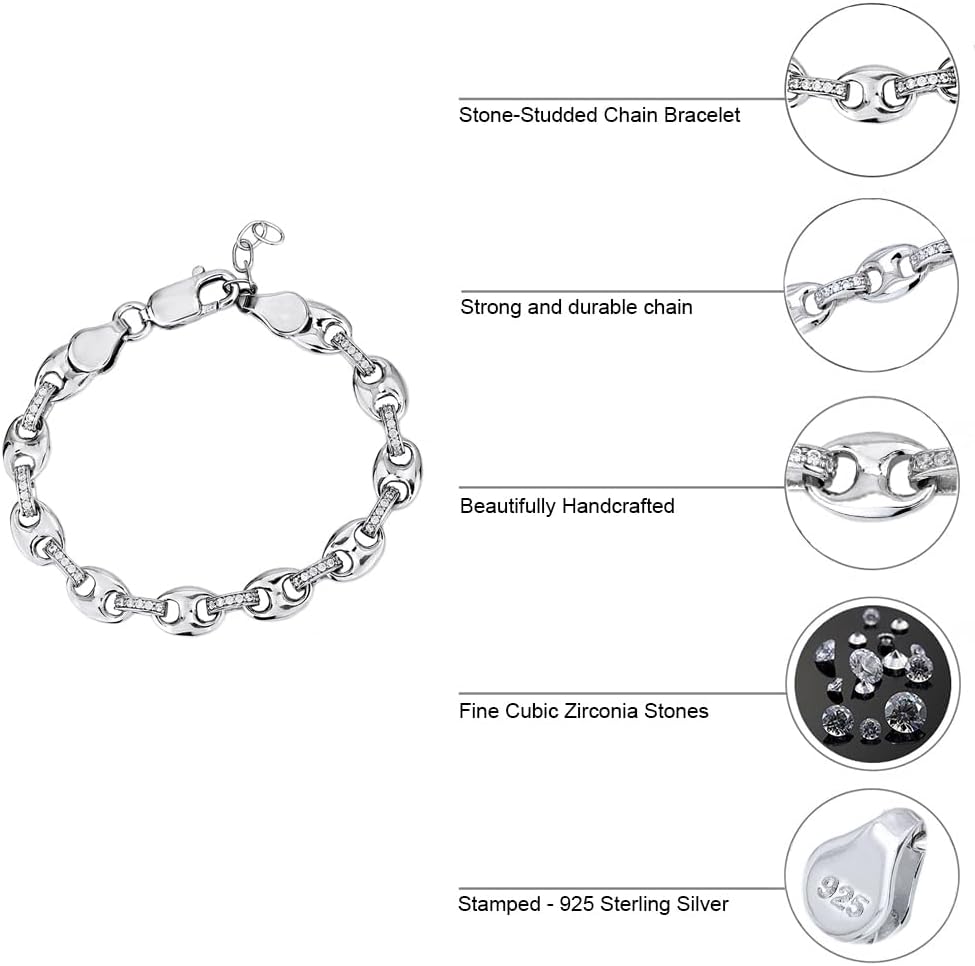 Vanbelle Sterling Silver Jewelry - Rhodium Plated with 925 Stamp - Coffee Bean Chain Bracelet with Cubic Zirconia Stones - Beautifully Handcrafted for Women - 7.5" Long - Image 5