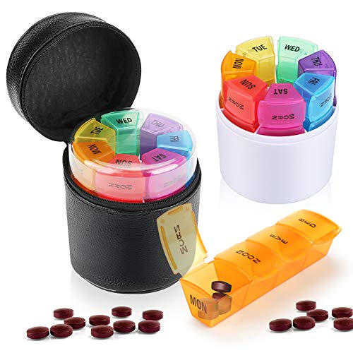 Am Pm Pill Organizer 7 Day Neon Pill Case 4 Times A Day Weekly Pill Box with Leather Zipper Box Daily Pill Organizer Case for Kids Women Men, Travel Medicine Planner for Vitamins Fish Oils (Rainbow)