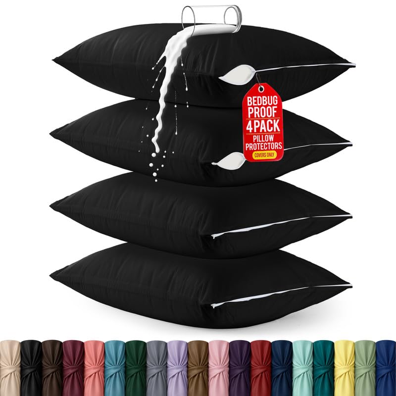 Set of 4 Pillow Protectors with Zipper Standard Size, Pillow Covers