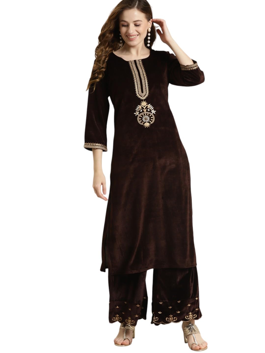 Women Velvet Zari Embroidered Straight Kurta-picture-16